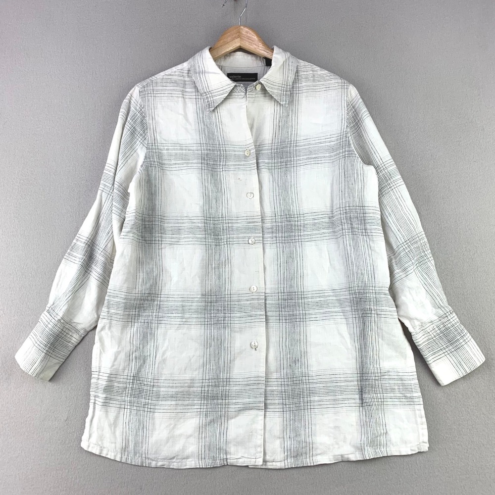 VTG Valerie Stevens Petite Linen Button Up Women PM White Plaid Long Sleeve